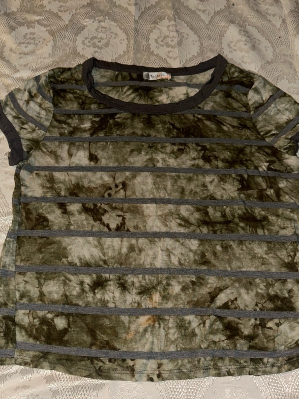 Women's Olive Tie-Dye Striped Short Sleeve Tee